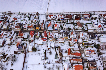Vue aérienne de Gänsried en hiver avec de la neige à Freckenfeld dans le département Rhénanie-Palatinat, Allemagne