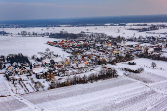 Vue aérienne de Vue du village depuis le nord-ouest en hiver sous la neige à le quartier Kleinsteinfeld in Niederotterbach dans le département Rhénanie-Palatinat, Allemagne