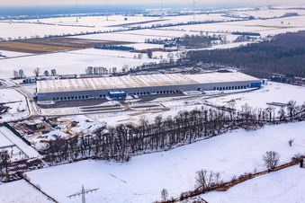 Vue aérienne de Zone industrielle d'Im Horst, centre logistique sous la neige à le quartier Minderslachen in Kandel dans le département Rhénanie-Palatinat, Allemagne