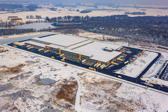 Vue aérienne de Zone industrielle d'Oberwald, centre logistique Netto en hiver avec neige à Wörth am Rhein dans le département Rhénanie-Palatinat, Allemagne