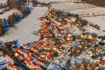 Vue aérienne de Niedergasse sous la neige à Steinweiler dans le département Rhénanie-Palatinat, Allemagne