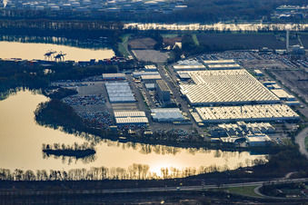 Vue aérienne de L'usine de camions Daimler vue de l'ouest à la lumière du matin à Wörth am Rhein dans le département Rhénanie-Palatinat, Allemagne