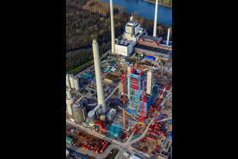 Nouvelle centrale à vapeur ENBW du port du Rhin Karlsruhe à le quartier Daxlanden in Karlsruhe dans le département Bade-Wurtemberg, Allemagne vue d'en haut