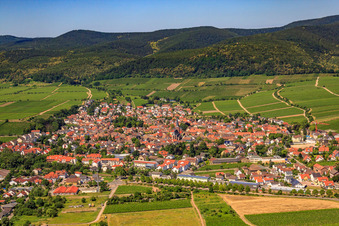 Vue aérienne de Ville viticole sur la route des vins du Palatinat entre les vignobles du nord-est à Deidesheim dans le département Rhénanie-Palatinat, Allemagne