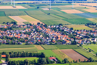 Vue aérienne de Panorama du village derrière le Viehstrich depuis le sud à Minfeld dans le département Rhénanie-Palatinat, Allemagne