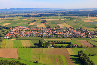 Vue oblique de Panorama du village derrière le Viehstrich depuis le sud à Minfeld dans le département Rhénanie-Palatinat, Allemagne