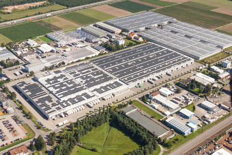 Vue aérienne de Complexe d'entrepôts dans la zone commerciale de Draisstraße à Muggensturm dans le département Bade-Wurtemberg, Allemagne