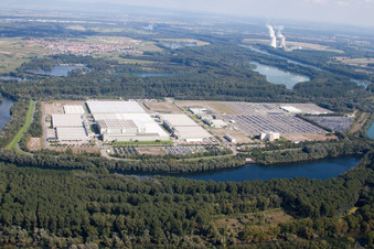 Photographie aérienne de Complexe de bâtiments et terrain du centre logistique mondial de Daimler AG sur l'île de Grün à Germersheim dans le département Rhénanie-Palatinat, Allemagne