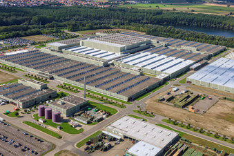 Vue d'oiseau de Centre logistique mondial Daimler / Mercedes-Benz GLC sur l'île de Grün à Germersheim dans le département Rhénanie-Palatinat, Allemagne