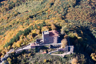 Photographie aérienne de Complexe du château du Reichsburg Trifels entouré de forêt à Annweiler am Trifels dans le département Rhénanie-Palatinat, Allemagne
