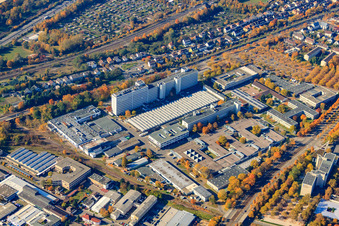 Siemens AG, site de fabrication et de développement Karlsruhe à le quartier Knielingen in Karlsruhe dans le département Bade-Wurtemberg, Allemagne depuis l'avion