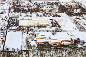Vue aérienne de Webasto Mechatronics dans la neige en hiver à le quartier Schaidt in Wörth am Rhein dans le département Rhénanie-Palatinat, Allemagne