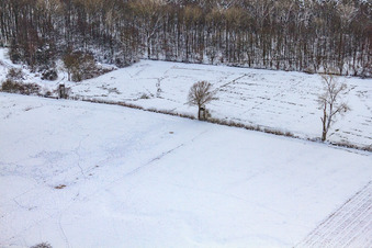 Vue aérienne de Siège élevé à Neugraben dans la plaine d'Otterbach pendant les chutes de neige en hiver à le quartier Schaidt in Wörth am Rhein dans le département Rhénanie-Palatinat, Allemagne
