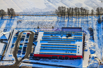 Vue aérienne de Fitness Bienwald dans la neige en hiver à le quartier Minderslachen in Kandel dans le département Rhénanie-Palatinat, Allemagne