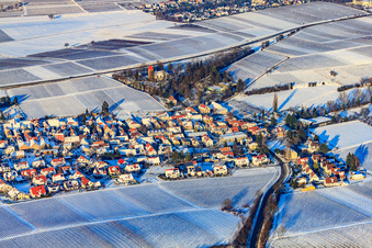 Vue aérienne de Vue du village depuis le sud sous la neige en hiver à le quartier Wollmesheim in Landau in der Pfalz dans le département Rhénanie-Palatinat, Allemagne