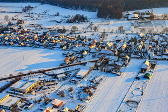 Vue aérienne de Sortie Est en hiver avec neige à Freckenfeld dans le département Rhénanie-Palatinat, Allemagne