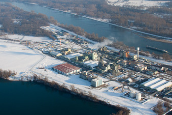 Photographie aérienne de L'industrie chimique sur le Rhin à Lauterbourg dans le département Bas Rhin, France