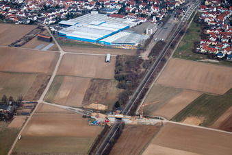 Vue aérienne de Complexe d'entrepôts - bâtiment dans le parc industriel de TRANSAC International Shipping Company Ltd. à Rülzheim dans le département Rhénanie-Palatinat, Allemagne