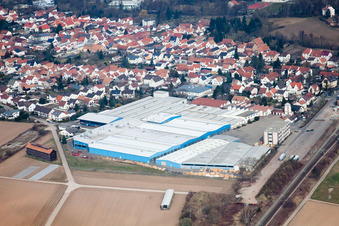 Vue aérienne de Complexe d'entrepôts - bâtiment dans le parc industriel de TRANSAC International Shipping Company Ltd. à Rülzheim dans le département Rhénanie-Palatinat, Allemagne