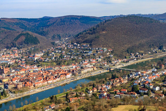 Vieille ville sur les rives du Neckar vue de l'ouest à Eberbach dans le département Bade-Wurtemberg, Allemagne d'en haut