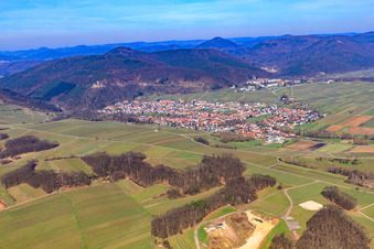 Vue aérienne de Village viticole au bord du Haardt en contrebas des ruines de Landeck depuis le sud-est à Klingenmünster dans le département Rhénanie-Palatinat, Allemagne