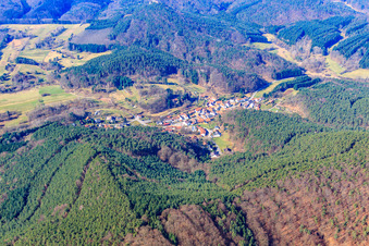 Vue aérienne de Vallée de Dimbachtal devant Dorf dans la forêt du Palatinat depuis le nord-est à Darstein dans le département Rhénanie-Palatinat, Allemagne