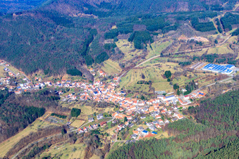 Vue aérienne de Dimbachtal avant Dorf dans la forêt du Palatinat depuis l'est à Schwanheim dans le département Rhénanie-Palatinat, Allemagne