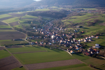 Vue aérienne de Champs agricoles et terres agricoles à Drachenbronn-Birlenbach dans le département Bas Rhin, France