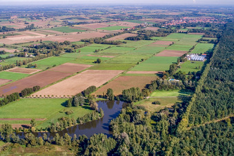 Vue aérienne de Lac de loisirs Schwanenweiher en bordure de la forêt de Bienwald à Steinfeld dans le département Rhénanie-Palatinat, Allemagne