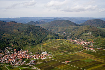 Vue aérienne de Village viticole à la lisière de la forêt du Palatinat, vu du sud-est à Eschbach dans le département Rhénanie-Palatinat, Allemagne
