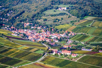 Vue aérienne de Village viticole à la lisière de la forêt du Palatinat, vu du sud-est à Leinsweiler dans le département Rhénanie-Palatinat, Allemagne
