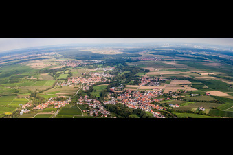 Vue aérienne de Perspective panoramique des champs et des terres agricoles à le quartier Billigheim in Billigheim-Ingenheim dans le département Rhénanie-Palatinat, Allemagne