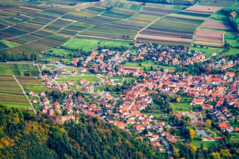 Vue aérienne de Village viticole à la lisière de la forêt du Palatinat vue de l'ouest à Klingenmünster dans le département Rhénanie-Palatinat, Allemagne