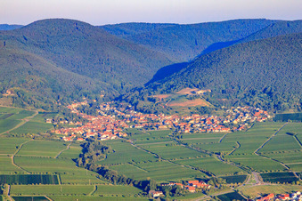 Vue aérienne de Village viticole de l'est au bord du Haardt dans la forêt du Palatinat à la lumière du matin à le quartier SaintMartin in Sankt Martin dans le département Rhénanie-Palatinat, Allemagne