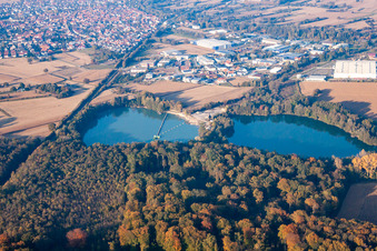 Vue aérienne de Lacs de carrière dans le sud à Hagenbach dans le département Rhénanie-Palatinat, Allemagne