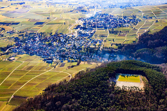 Vue aérienne de Vue du village viticole entre les vignes depuis le nord à le quartier Rechtenbach in Schweigen-Rechtenbach dans le département Rhénanie-Palatinat, Allemagne
