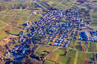 Vue aérienne de Vue du village viticole entre les vignes depuis l'ouest à le quartier Rechtenbach in Schweigen-Rechtenbach dans le département Rhénanie-Palatinat, Allemagne