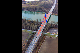 Photographie aérienne de Chantier de rénovation des pylônes du pont autoroutier A61 sur le Rhin à Otterstadt dans le département Rhénanie-Palatinat, Allemagne