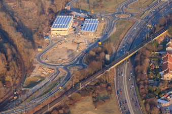 Vue aérienne de Centre Maximilien II avec chantier de construction pour DM et Sport Fink à le quartier Maximiliansau in Wörth am Rhein dans le département Rhénanie-Palatinat, Allemagne