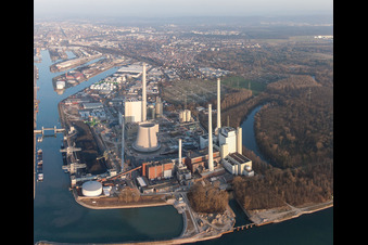 Image drone de Nouveau bâtiment à la centrale à vapeur du port du Rhin de l'ENBW à le quartier Daxlanden in Karlsruhe dans le département Bade-Wurtemberg, Allemagne