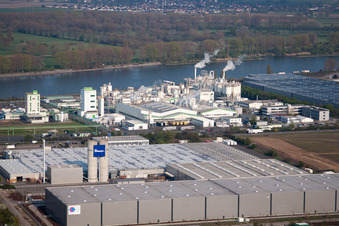 Photographie aérienne de Bâtiments et installations de production sur les terrains du producteur chimique Grace GmbH au bord du Rhin à Worms dans le département Rhénanie-Palatinat, Allemagne