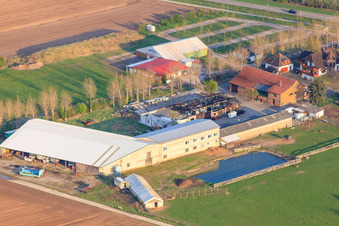 Vue aérienne de Adamshof, après l'incendie de la salle de peinture des œufs de Pâques à Kandel dans le département Rhénanie-Palatinat, Allemagne