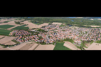 Vue aérienne de Perspective panoramique de la ville vue des rues et des maisons des quartiers résidentiels à Leimersheim dans le département Rhénanie-Palatinat, Allemagne