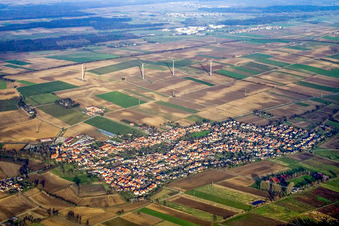 Vue aérienne de Vue du village depuis le sud à Minfeld dans le département Rhénanie-Palatinat, Allemagne