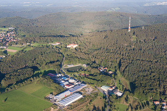 Vue aérienne de Zone industrielle et implantation d'entreprise avec Morton Extrusionstechnik GmbH au pied du pylône de transmission à le quartier Ober-Abtsteinach in Abtsteinach dans le département Hesse, Allemagne