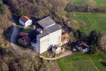 Vue aérienne de Moulin à eau historique sur le domaine d'une ferme entre forêt et prairies à Minfeld dans le département Rhénanie-Palatinat, Allemagne