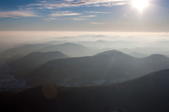 Vue aérienne de Paysage forestier et montagneux de la forêt du Palatinat dans la lumière du soir à Leinsweiler dans le département Rhénanie-Palatinat, Allemagne