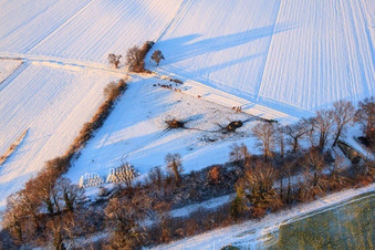 Vue aérienne de Enclos à chevaux en hiver avec de la neige à Freckenfeld dans le département Rhénanie-Palatinat, Allemagne