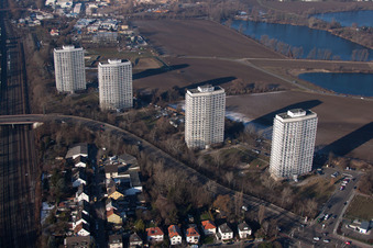Vue aérienne de Oggersheim, immeubles de grande hauteur à la Froschlache à le quartier Friesenheim in Ludwigshafen am Rhein dans le département Rhénanie-Palatinat, Allemagne