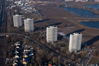 Vue aérienne de Oggersheim, immeubles de grande hauteur à la Froschlache à le quartier Friesenheim in Ludwigshafen am Rhein dans le département Rhénanie-Palatinat, Allemagne